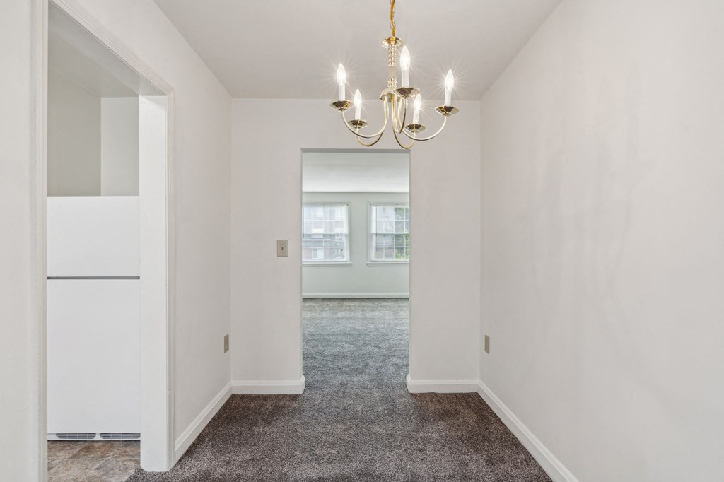 Dining area in affordable Towson senior apartment with carpet and overhead light