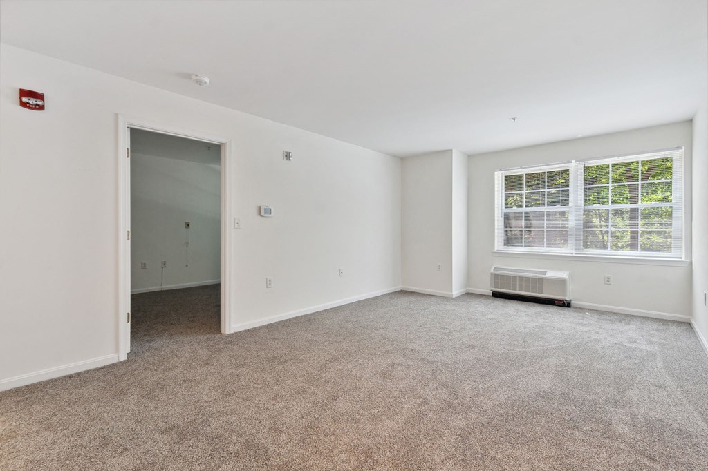 a bedroom with white walls and carpet