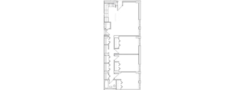 A black and white image of a floor plan with various rooms and corridors.