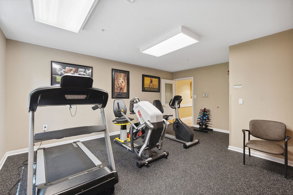 a gym with a treadmill and exercise equipment