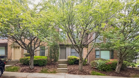 A row of houses with trees in front.