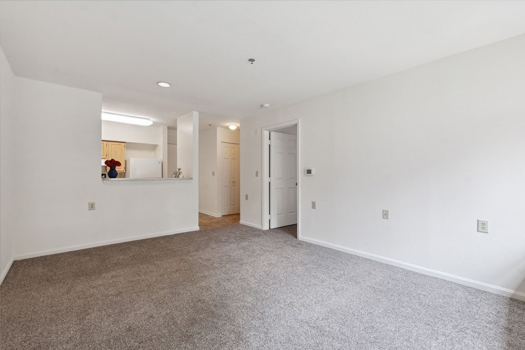 a bedroom with white walls and carpet