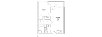 A floor plan of a house with a bedroom, living/dining area, kitchen, bathroom, and storage.