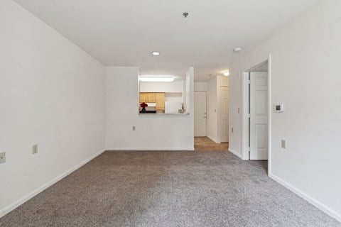 a living room with carpet and white walls and a kitchen