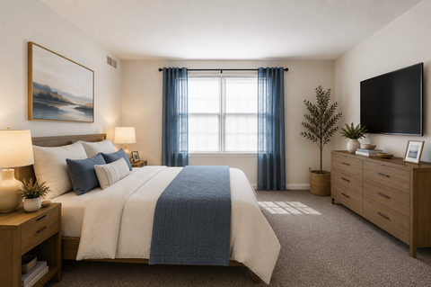 A bedroom with a large bed, a television, and a painting on the wall.