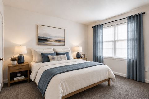 A bedroom with a large bed and a painting on the wall.