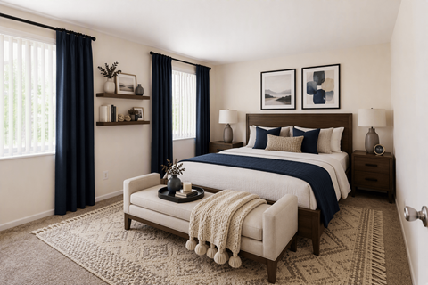 A bedroom with a large bed and a window with curtains.
