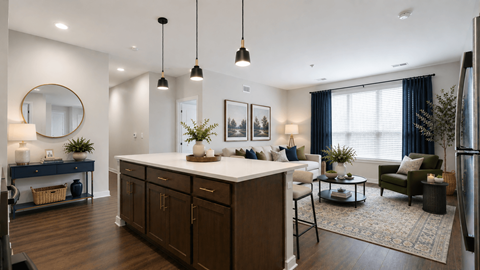 A modern kitchen with dark wood cabinets and a white island.