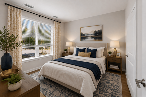 A bedroom with a large bed and a view of the outdoors through the window.