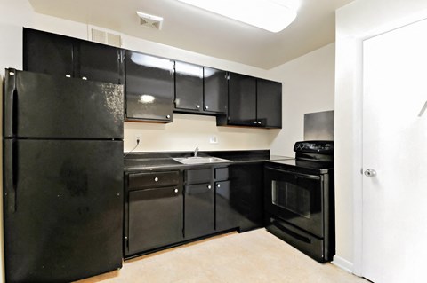 an empty kitchen with black appliances and black cabinets