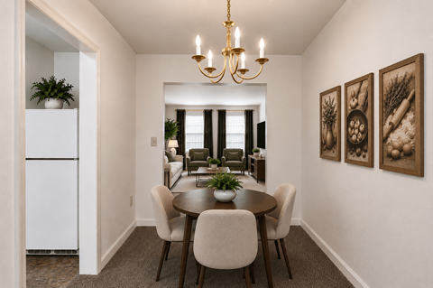 A dining room with a table set for four.
