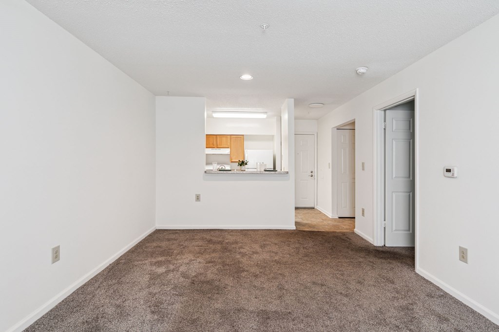 A large, empty room with a carpeted floor and white walls.