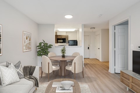 A modern living room with a grey sofa, a round table with four chairs, a potted plant, and a television.