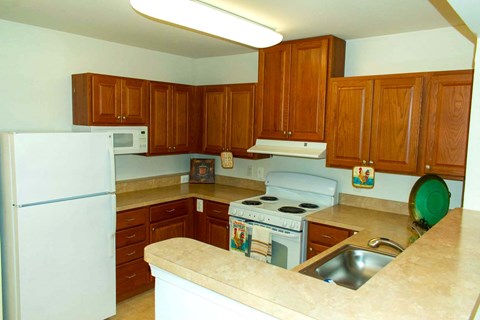 a kitchen with a stove sink and refrigerator