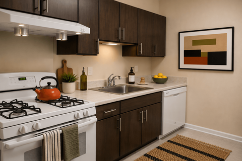 A modern kitchen with a white stove and brown cabinets.