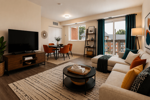 A living room with a flat screen TV, a coffee table, and a sofa.