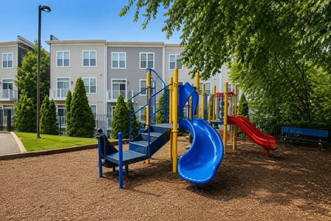 A playground with a blue slide and a red slide.