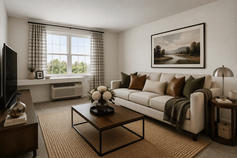 A living room with a couch, coffee table, and a painting on the wall.
