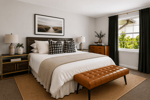A bedroom with a large bed and a bench in front of it.