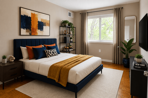 A bedroom with a large bed and a painting on the wall.