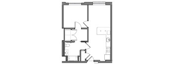 A black and white floor plan of a house with a kitchen, living room, and bathroom.