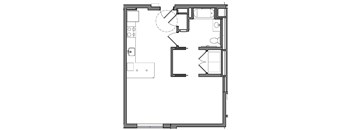 A floor plan of a house with a kitchen, living room, and bathroom.