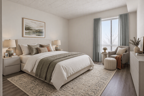 A bedroom with a large bed and a painting on the wall.