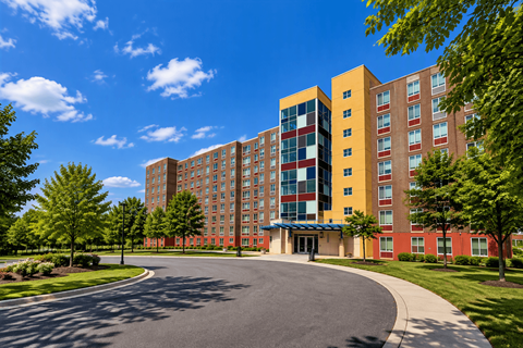 A large multi-story building with a red and yellow exterior.