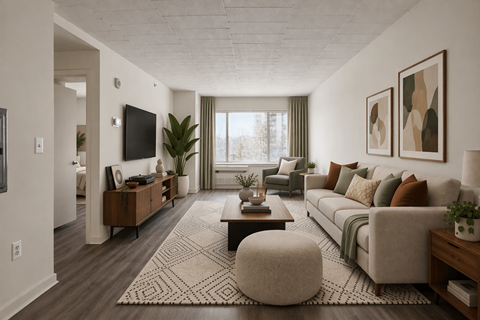 A living room with a grey couch, a coffee table, and a rug.