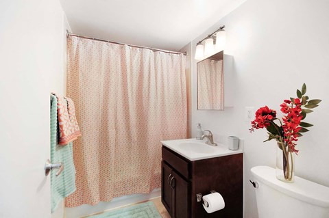 Bright bathrooms with tub shower insert inside a market-rate 2-bedroom unit at Edgewood Commons 601, located near local dining and entertainment in Northeast DC.