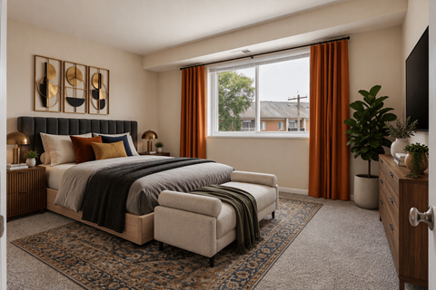 A bedroom with a large bed and a window with orange curtains.