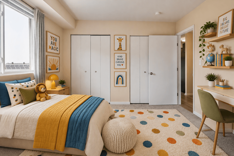 A bedroom with a bed, a desk, and a chair.
