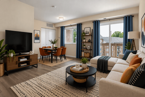 A living room with a large couch, a coffee table, and a television.