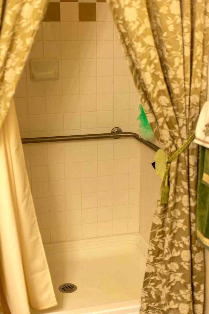 a bathroom with a shower curtain and a tub