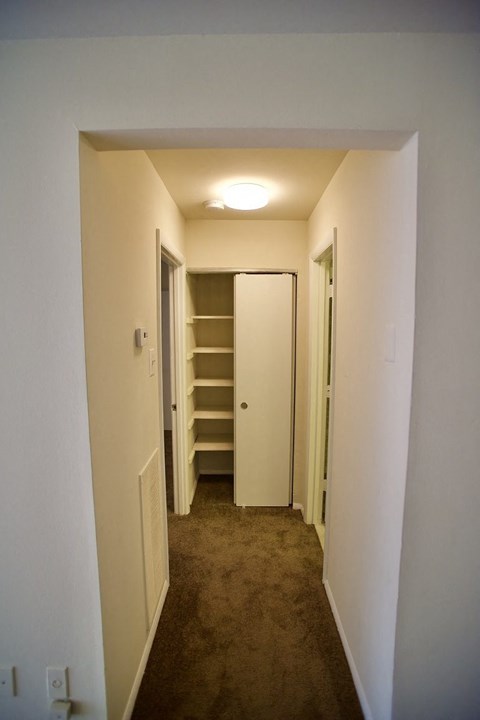 a hallway with a closet and shelves in a house