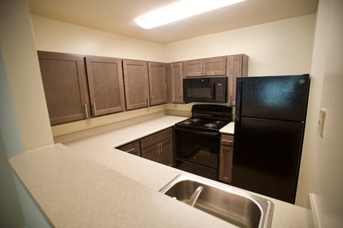 a kitchen with black appliances and a sink