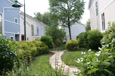 a pathway through a garden between two houses