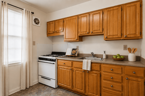 A kitchen with wooden cabinets and a white stove.