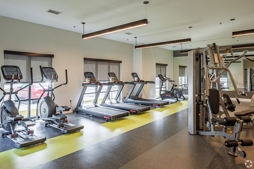 a gym with cardio equipment and weights on the floor