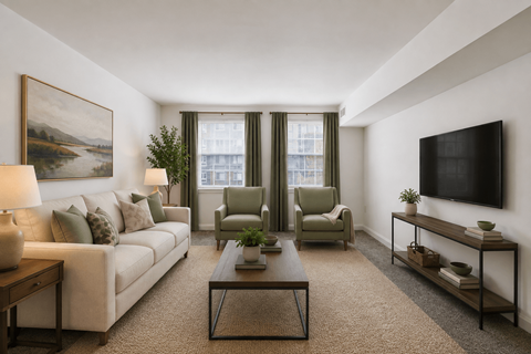 A living room with a couch, two chairs, a coffee table, and a painting on the wall.