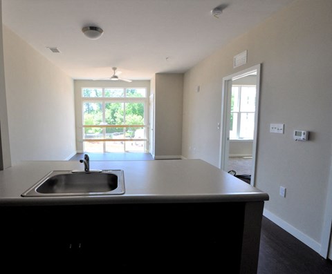 an empty kitchen with a sink and a window