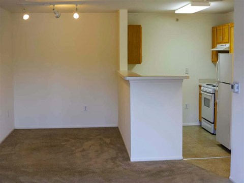 A kitchen area with a white counter and a refrigerator.