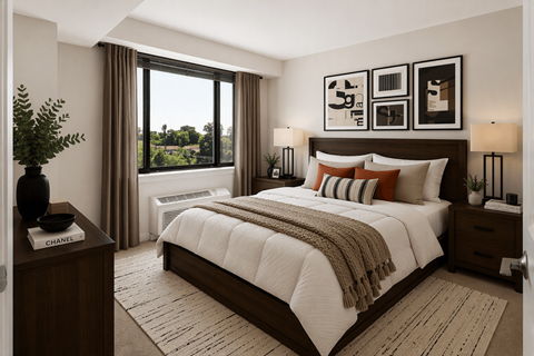 A well-lit bedroom with a large bed and a view of the outdoors through the window.