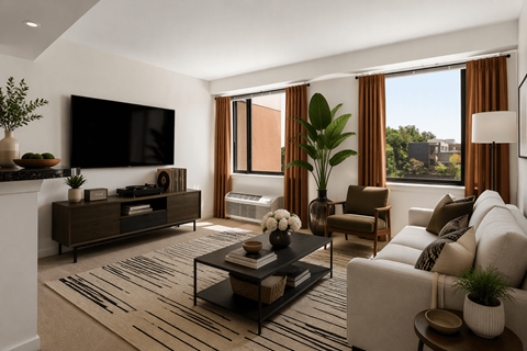 A modern living room with a flat screen TV, a coffee table, and a large window with curtains.