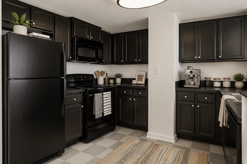 A black fridge and microwave in a kitchen with black cabinets.