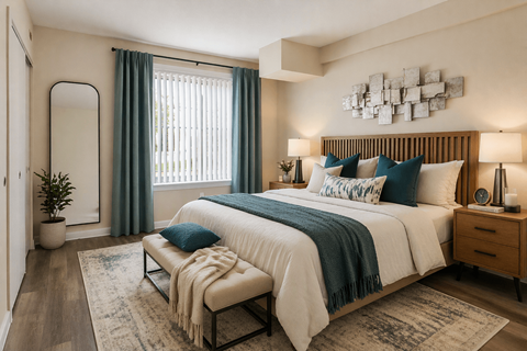 A bedroom with a large bed, a bench, and a mirror.