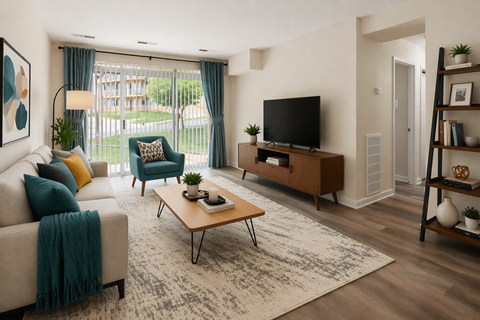 A living room with a couch, a coffee table, a television, and a window with a view of a garden.