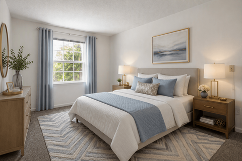 A bedroom with a large bed and a window with curtains.