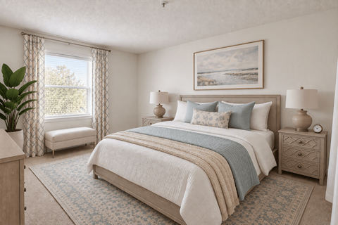 A bedroom with a large bed and a painting on the wall.
