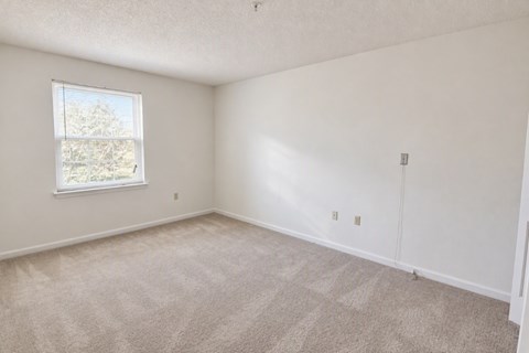 A room with a carpeted floor and a window.